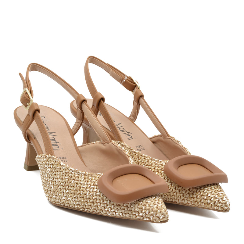 Flavia Slingback Pump with Brown Raffia Strap